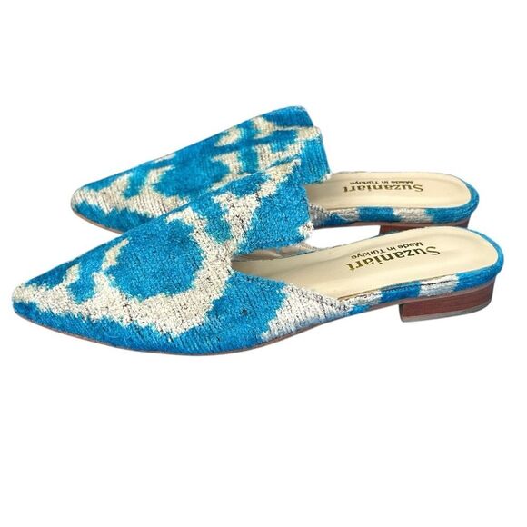 SUZANI ART Velvet Silk Leather Ikat Mule Shoes Slippers Blue EU 39 US 8.5 Turkey - Picture 4 of 6